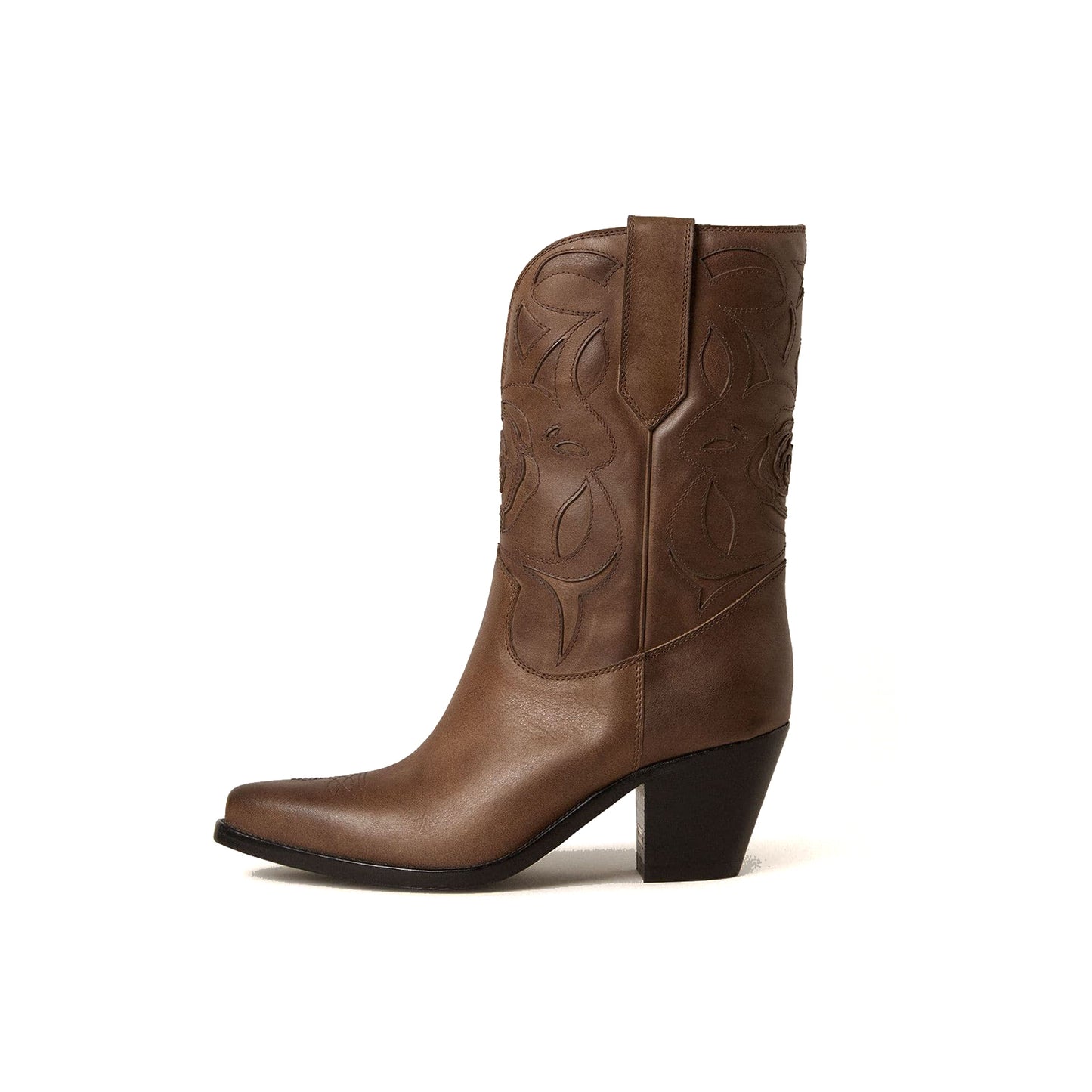 Dove Gray Snip-Toe Rose Inlay Mid Calf Cowgirl Boots