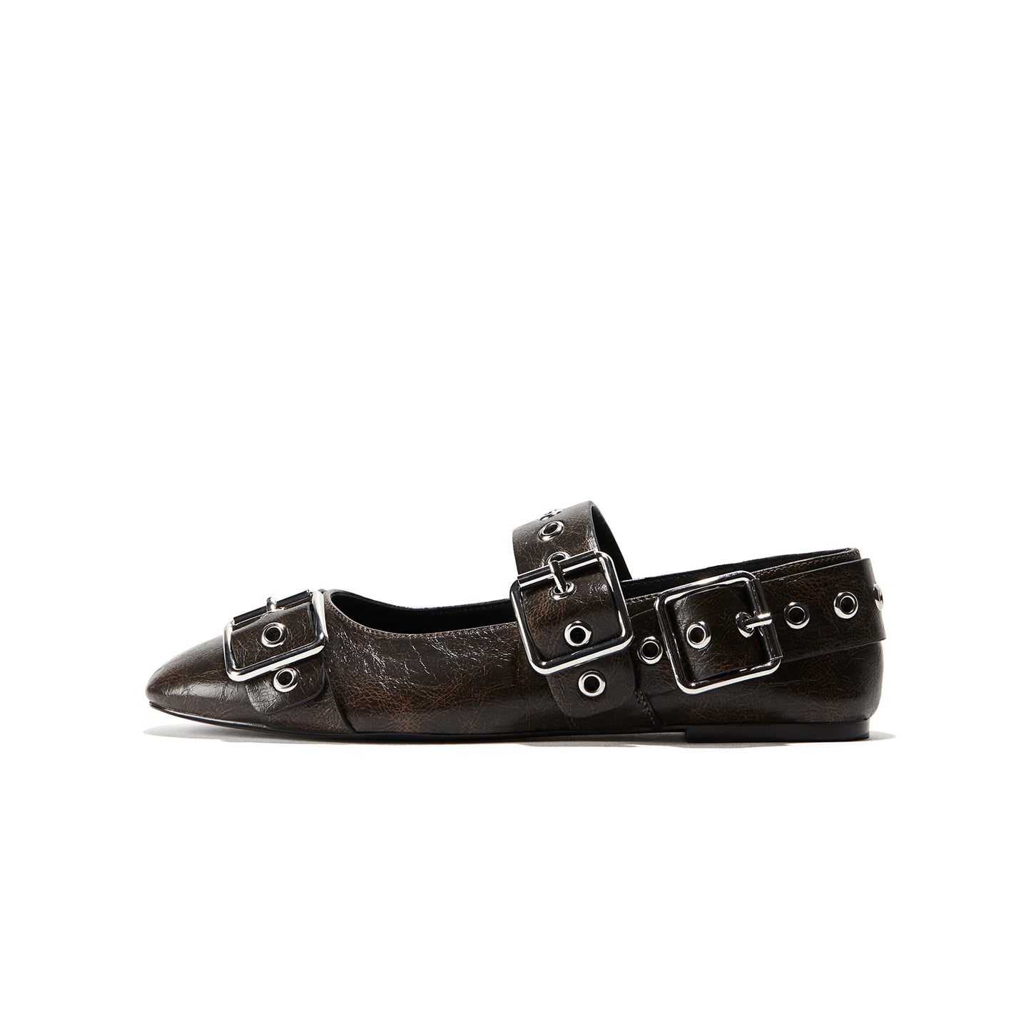 Dark Brown Square-Toe Eyelet Straps Ballet Flats