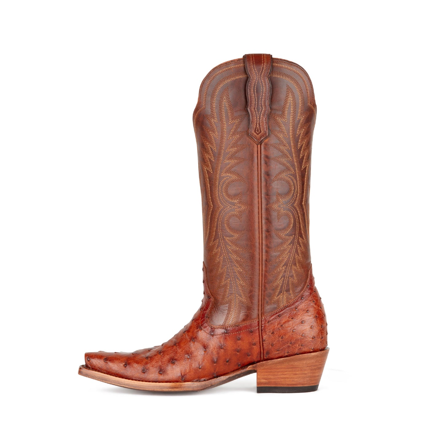 Pecan Contrast Vegan Leather And Ostrich Print Snip-Toe Embroidery Mid Calf Cowgirl Boots