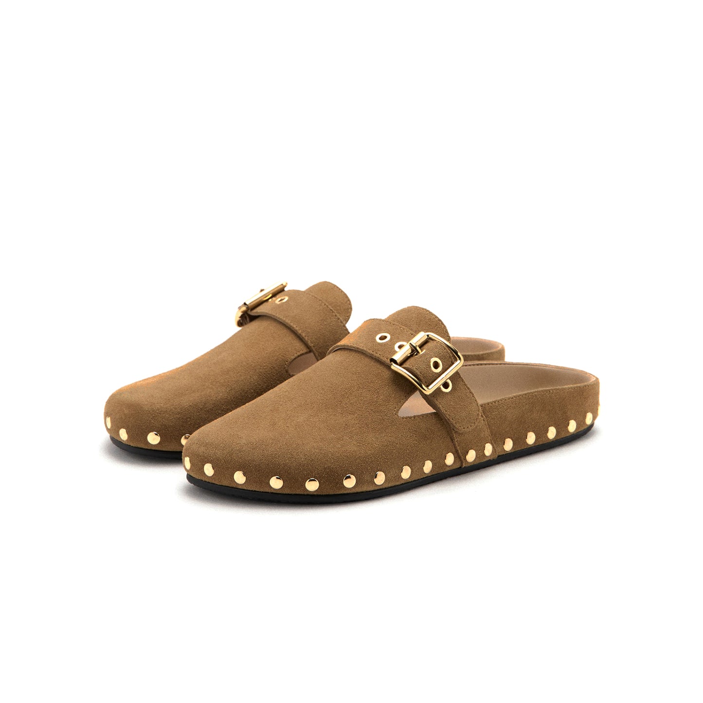Sand Faux Suede Round-Toe Buckle Strap And Studs Flats