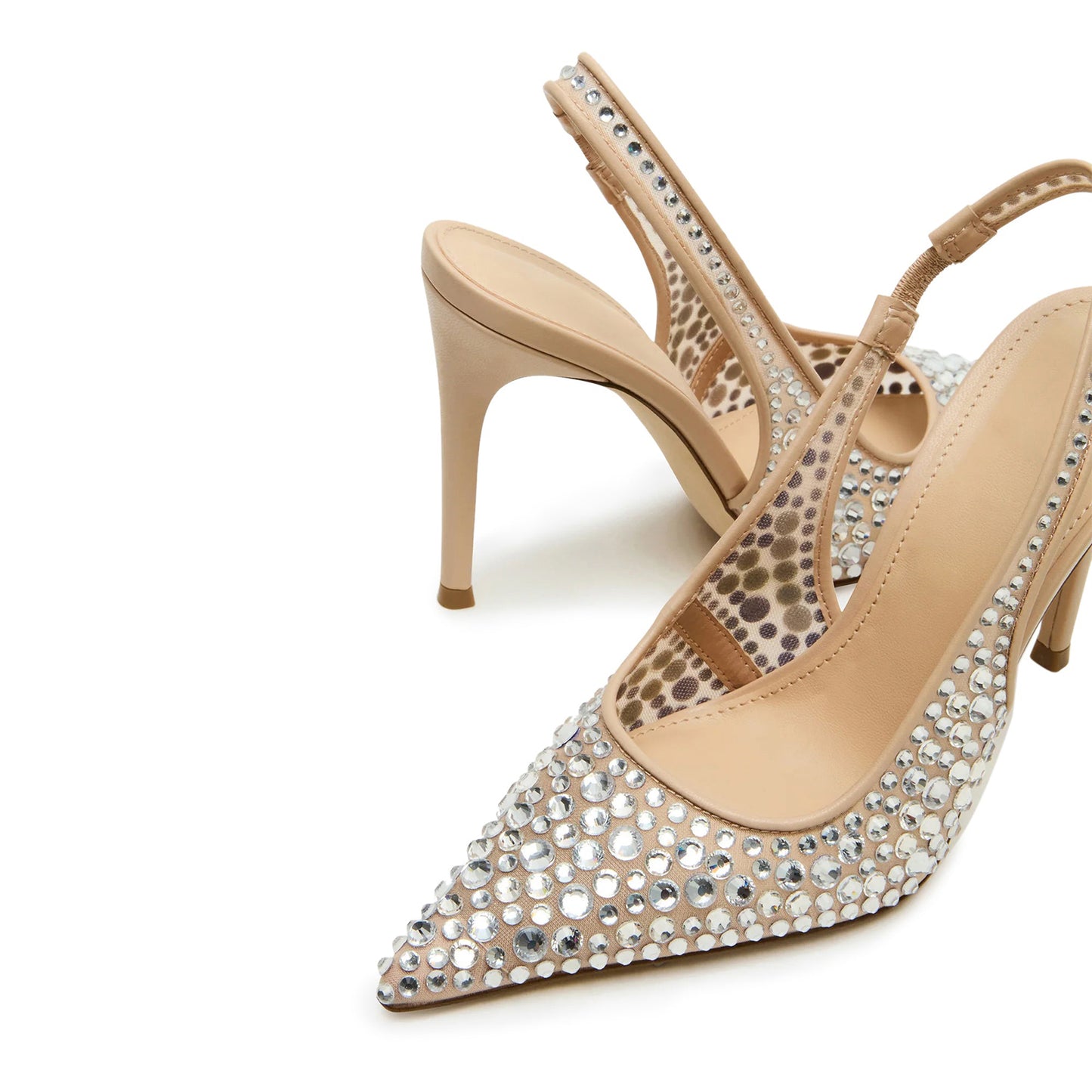 Nude Mesh With Rhinestones Pointed-Toe Slingback High Heels Pumps
