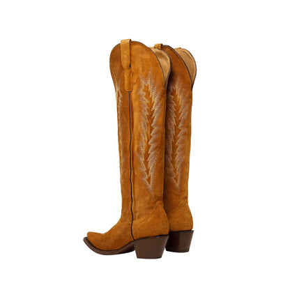 Honey Faux Suede Snip-Toe Embroidery Wide Calf Over-The-Knee Cowgirl Boots