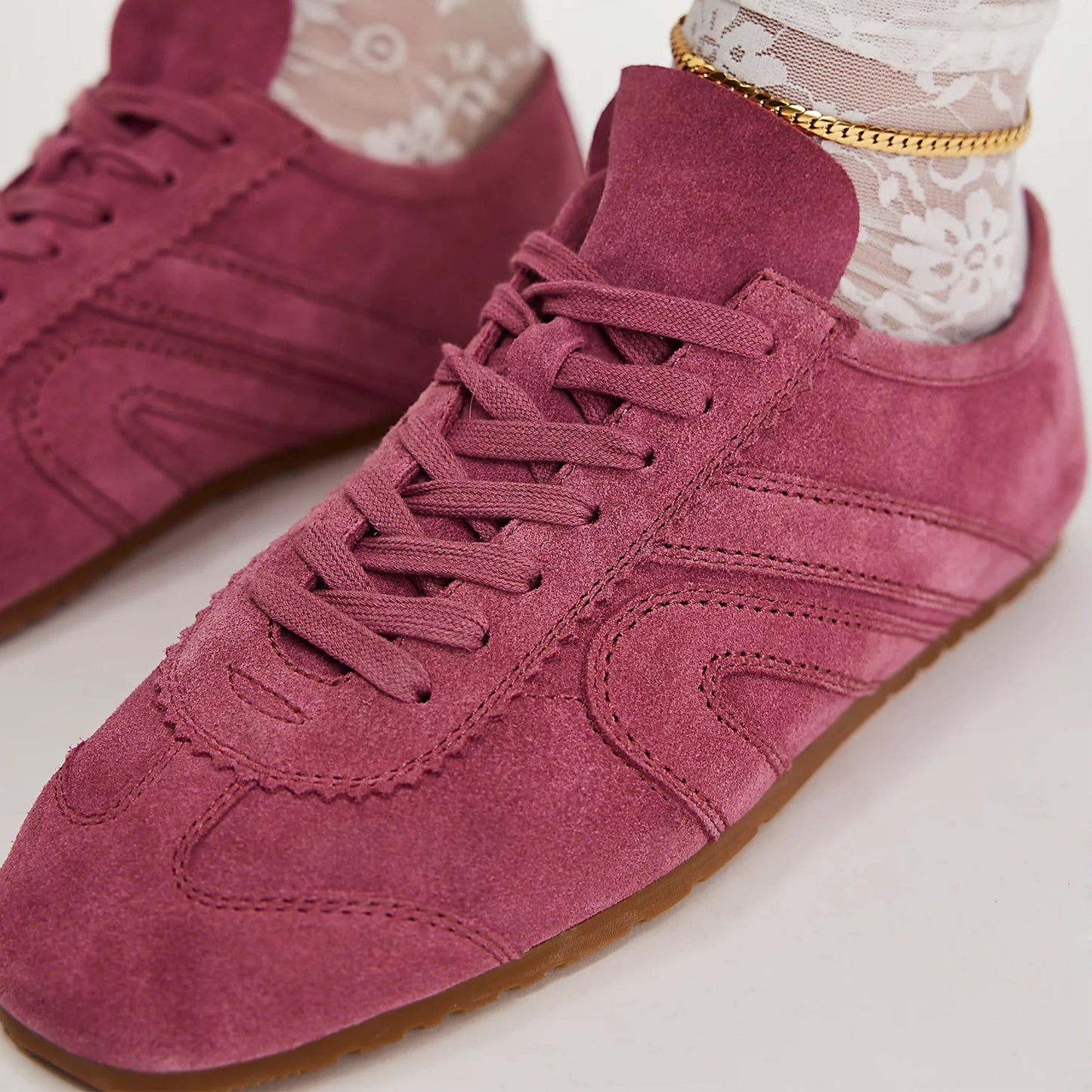 Fuchsia Faux Suede Square-Toe Lace-Up Sneakers Flats