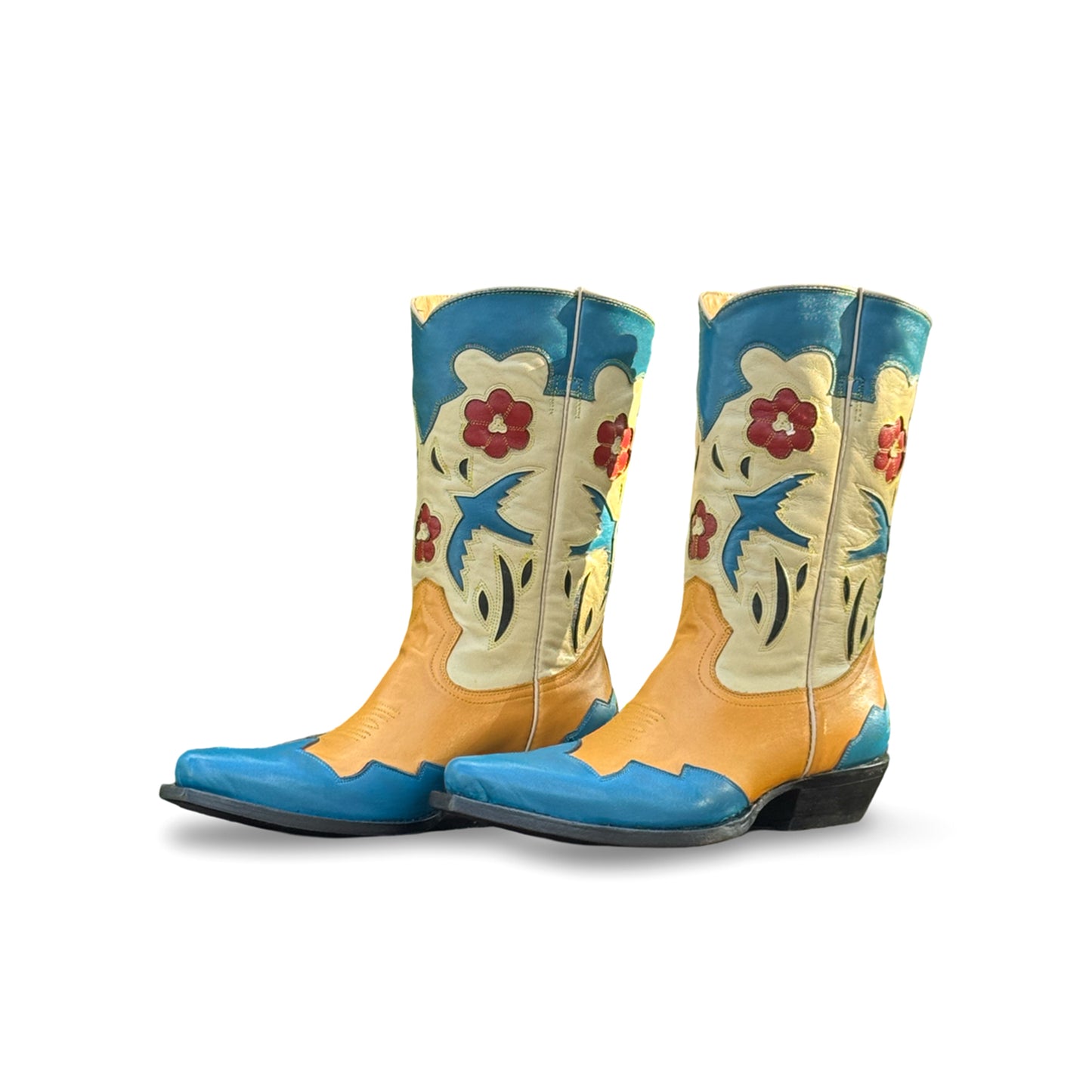 Contrast Tri-Color Snip-Toe Bird And Flower Inlays Mid Calf Cowgirl Boots