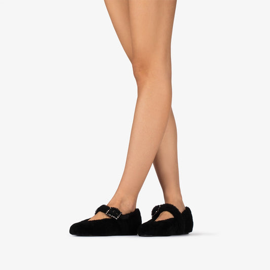 Black Full Plush Square-Toe Bridge Strap Ballet Flats