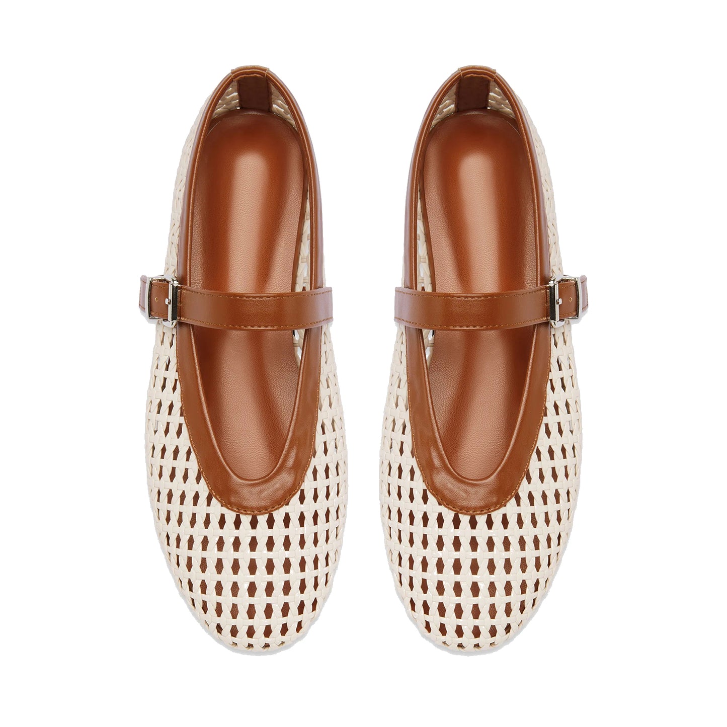 Cream Woven Vegan Leather Round-Toe Buckle Mary Jane Classic Flats