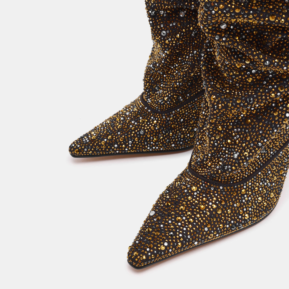 Black Faux Suede Pointed-Toe Full Gold Rhinestones Wide Calf Knee High Stiletto Boots