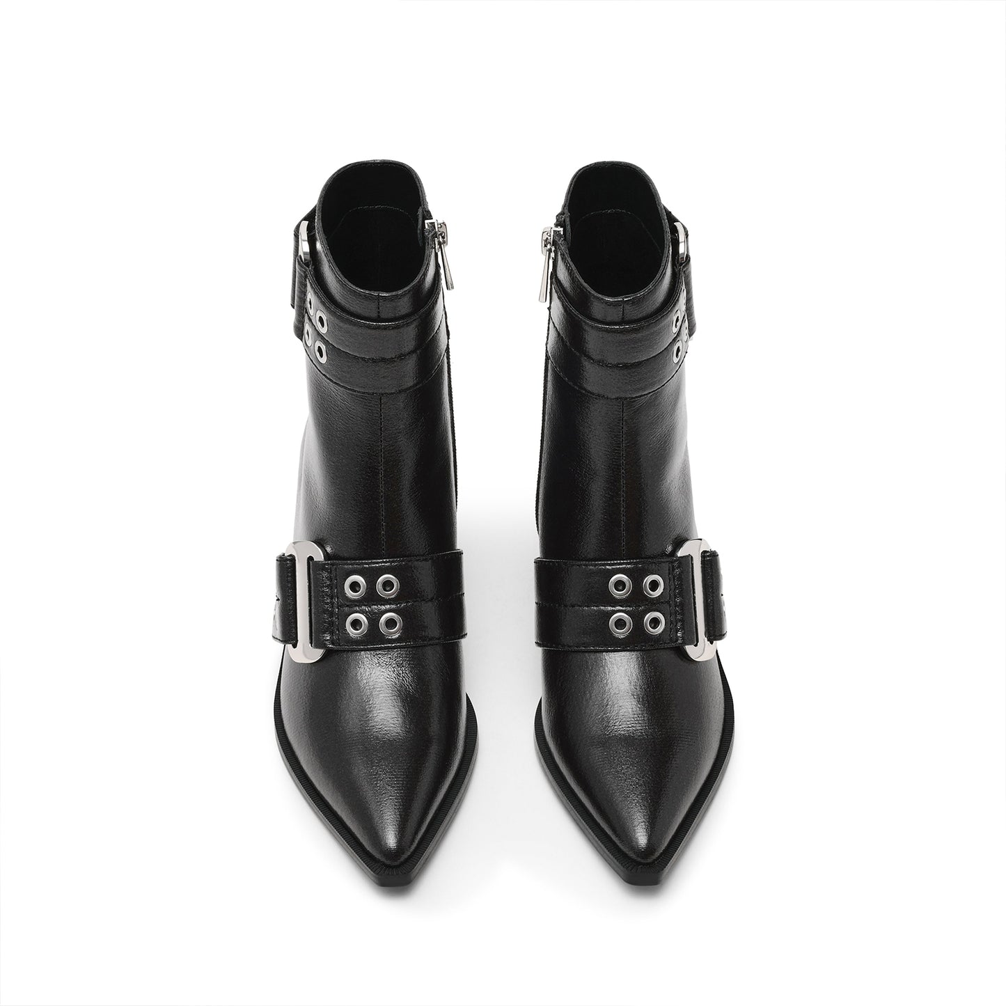 Black Pointed-Toe Full-Zip Buckle Straps With Eyelets Ankle Cowgirl Boots