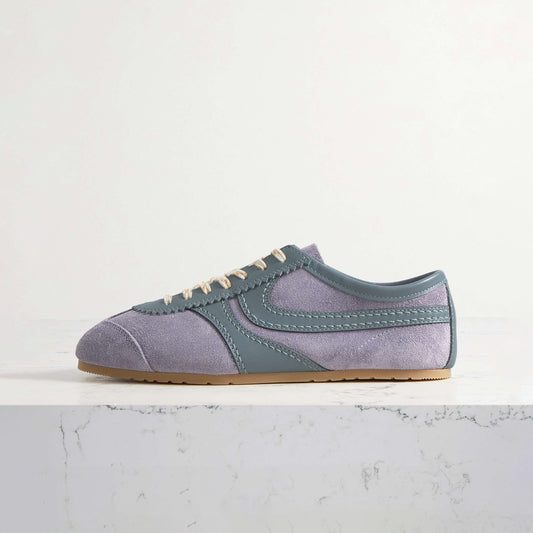 Dark Lilac Contrast Faux Suede And Vegan Leather Square-Toe Lace-Up Sneakers Flats