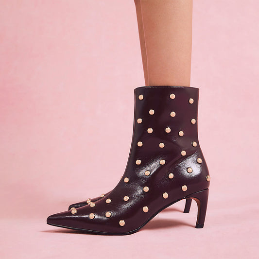 Black Pointed-Toe Studded Full-Zip Ankle Stiletto Boots