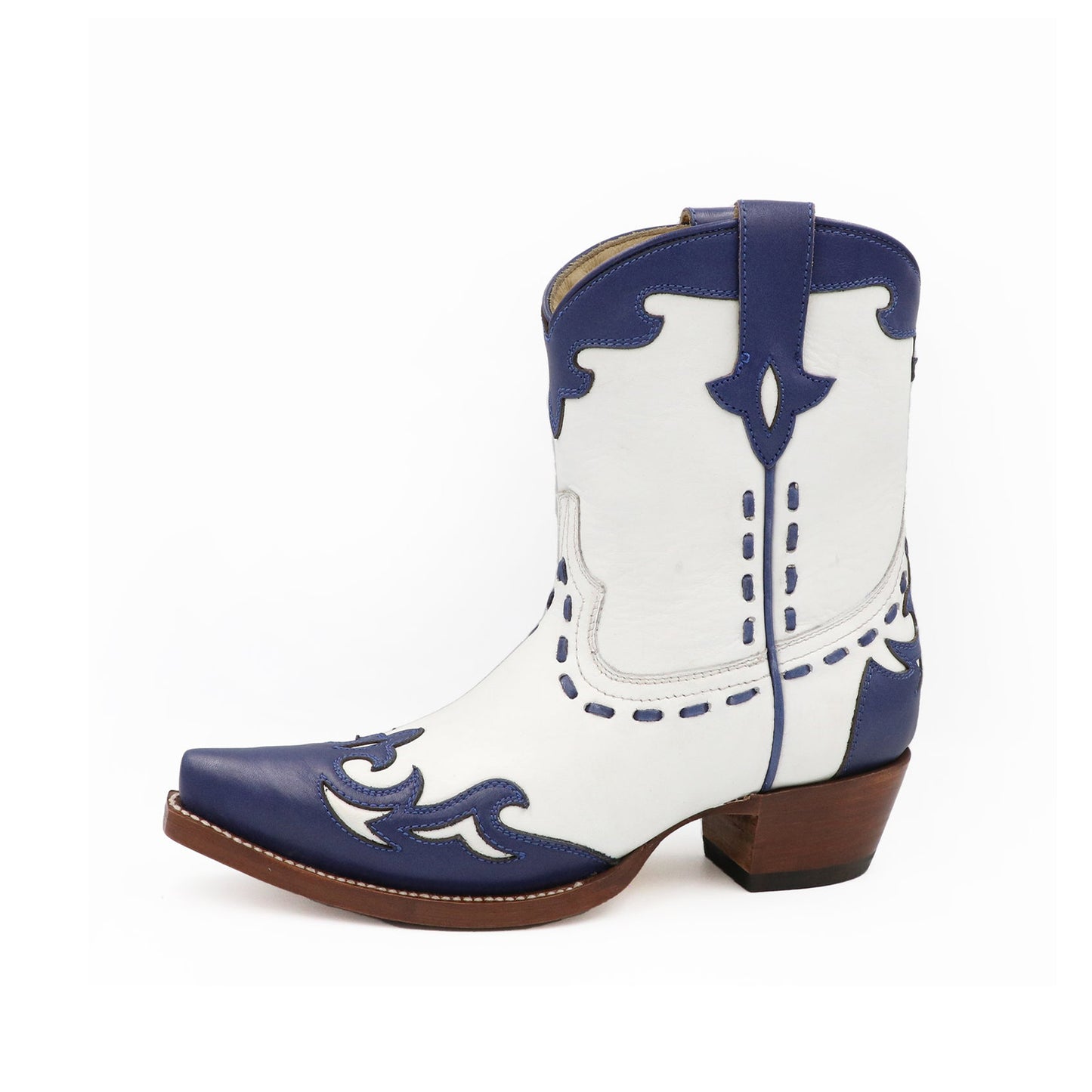 Contrast Cream And Blue Snip-Toe Running Stitch Ankle Cowgirl Boots