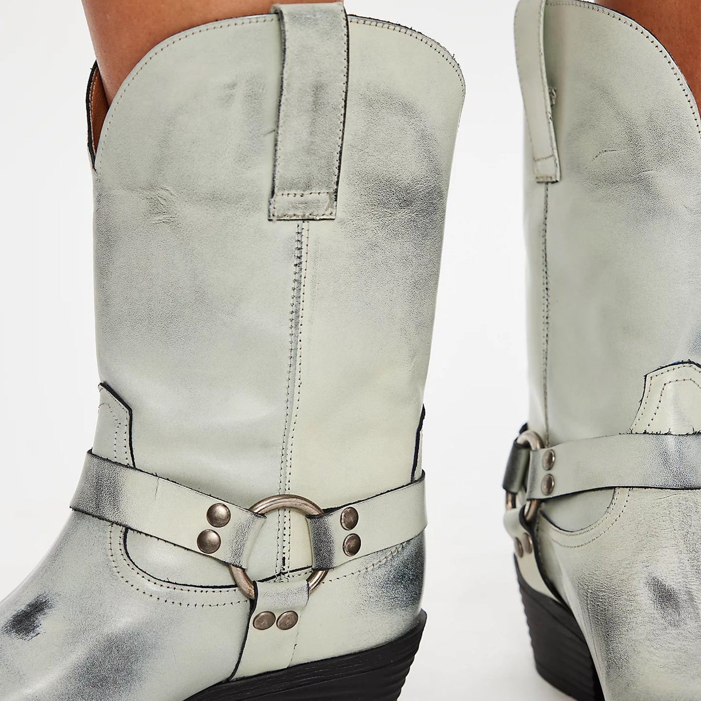 Distressed White Snip-Toe Buckle Straps Mid Calf Cowgirl Boots