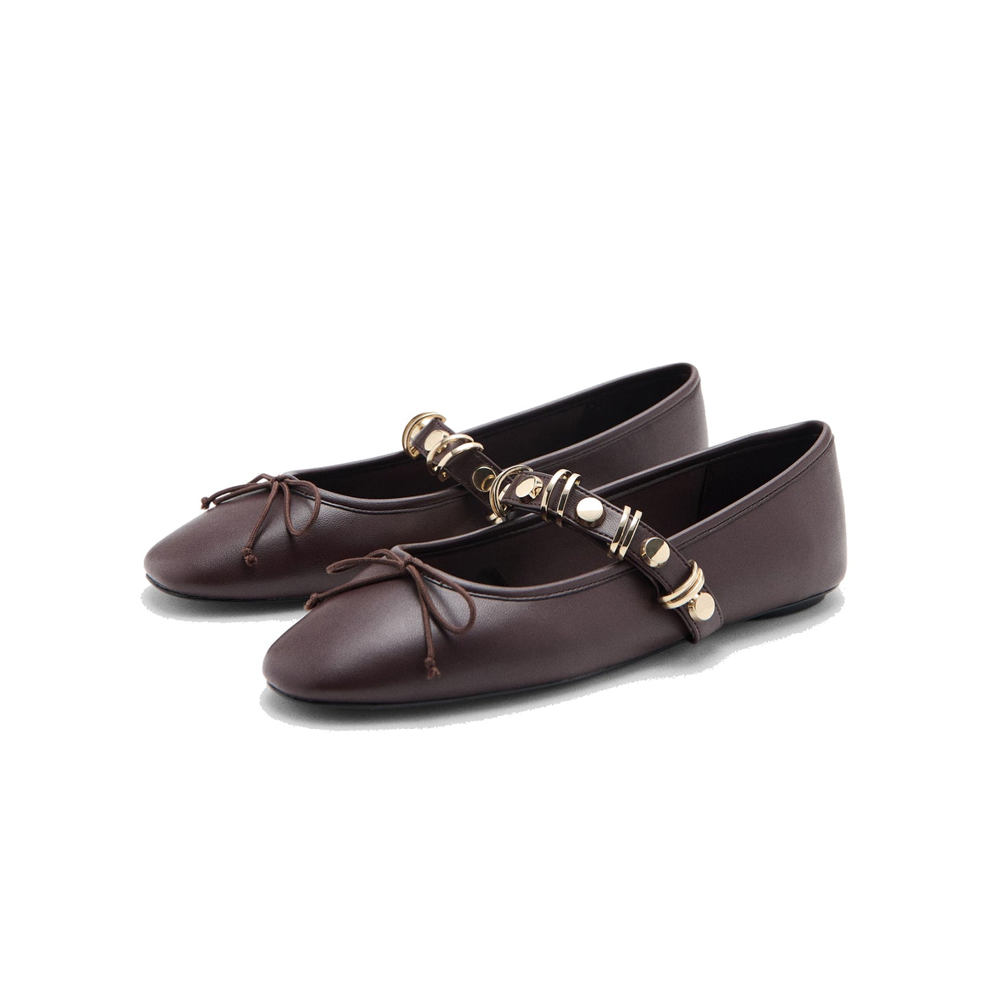 Burgundy Square-Toe Front Bow And Studded Mary Jane Ballet Flats