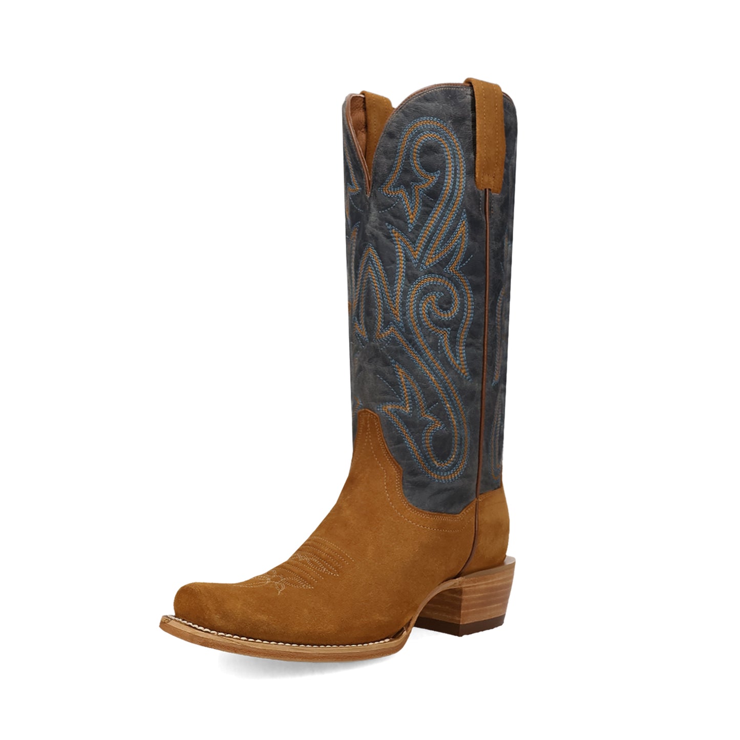 Contrast Turquoise Vegan Leather And Tan Faux Suede Square-Toe Embroidery Mid Calf Cowgirl Boots
