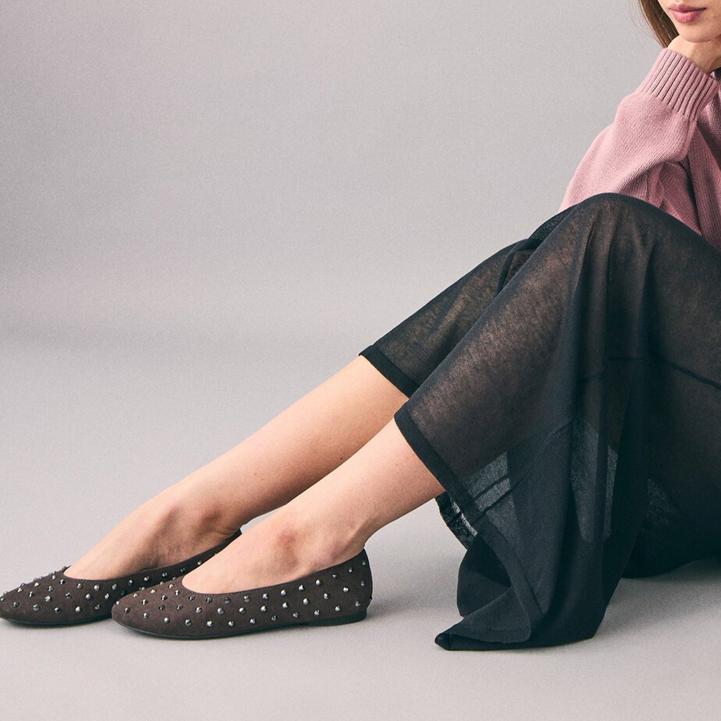 Charcoal Black Cloth Round-Toe Studded Slip-On Flats