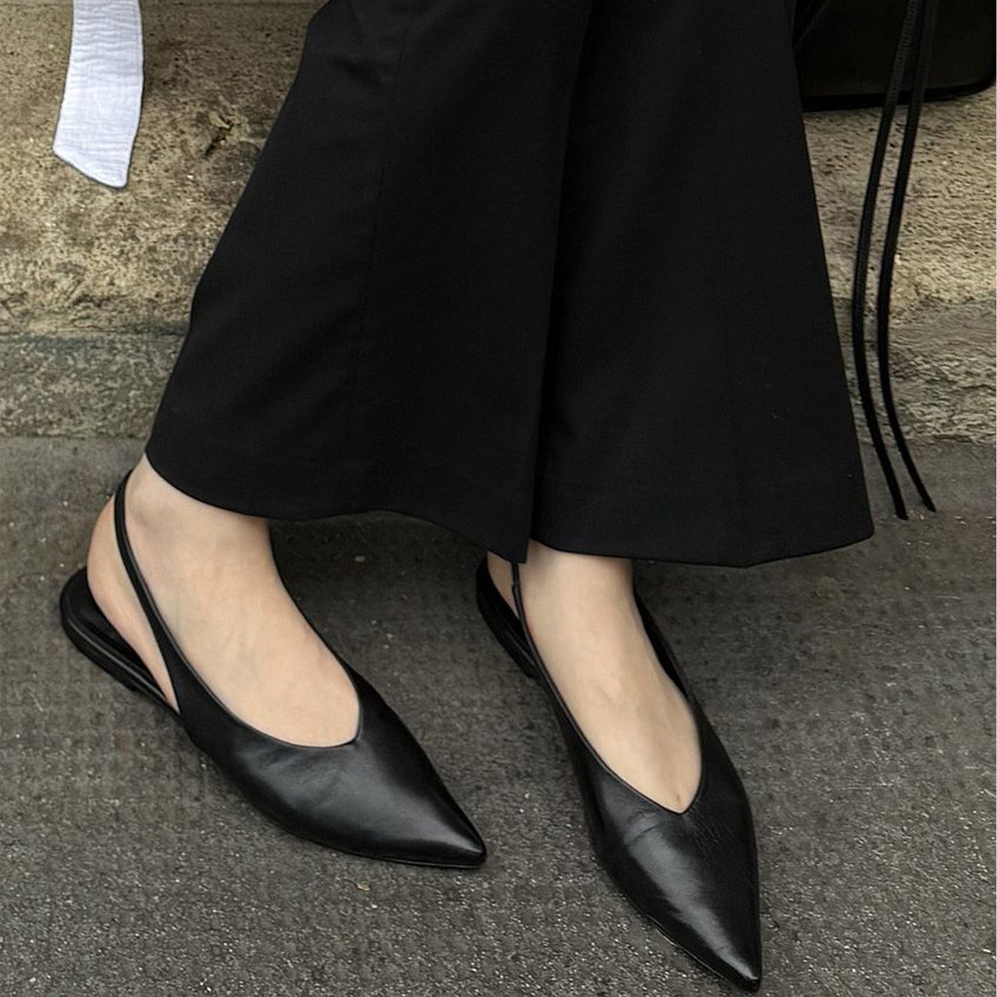 Black Pointed-Toe Classic Slip-On Slingback Flats