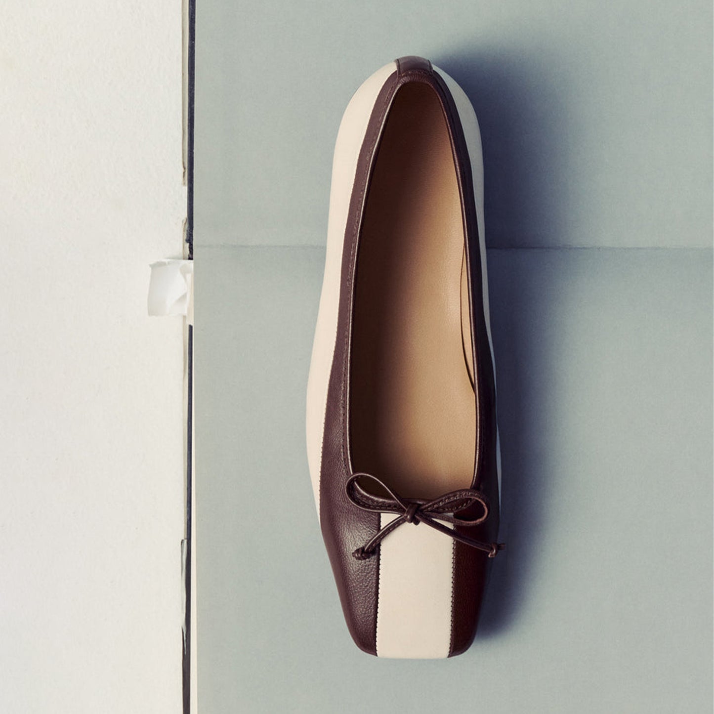 Contrast Cream And Brown Square-Toe Front Bow Slip-On Ballet Flats