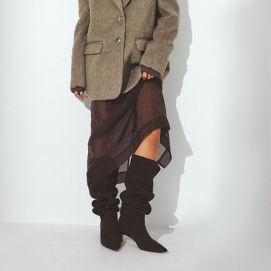 Dark Brown Faux Suede Pointed-Toe Chic Wide Calf Knee High Stiletto Boots
