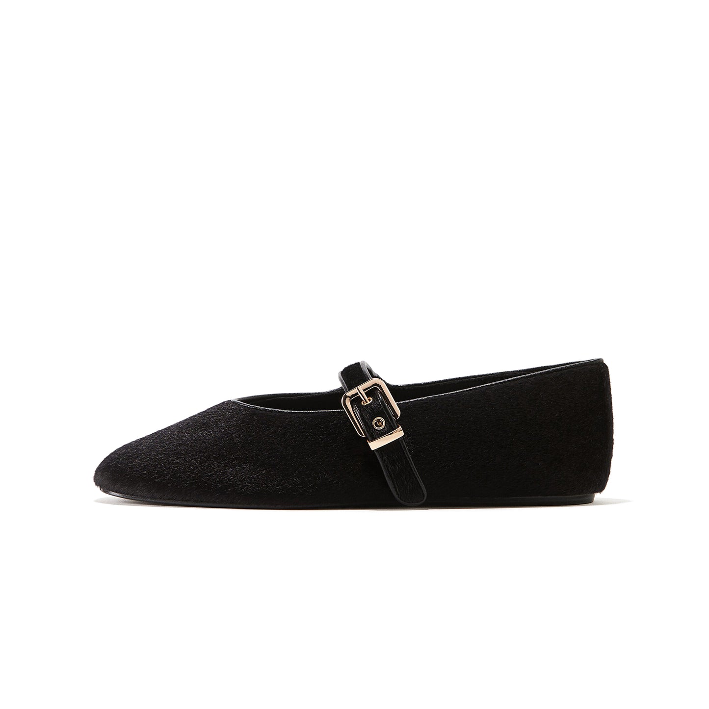Black Pony Hair Square-Toe Bridge Strap Ballet Flats