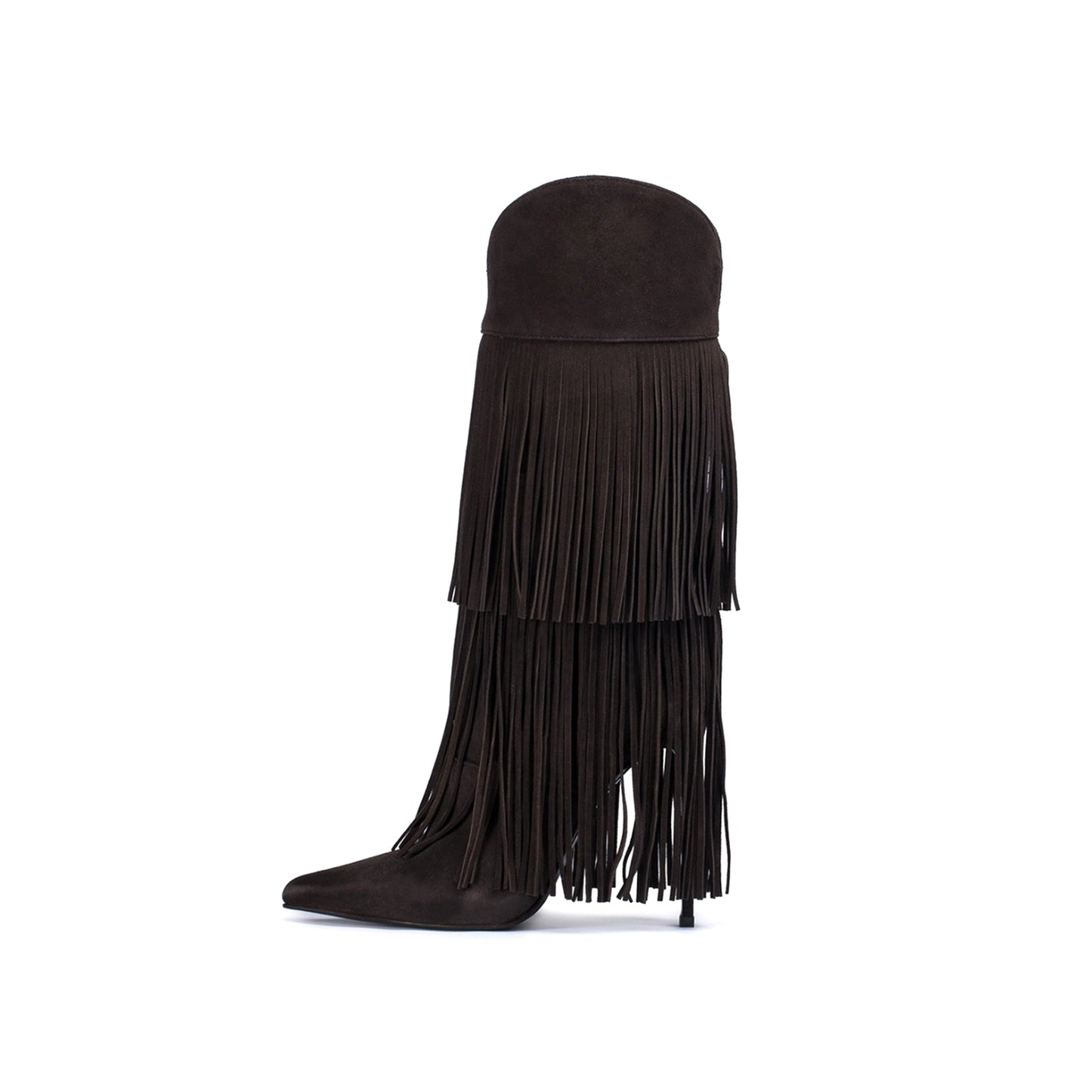 Brown Faux Suede Pointed-Toe Shaft Fringe Mid Calf Stiletto Boots