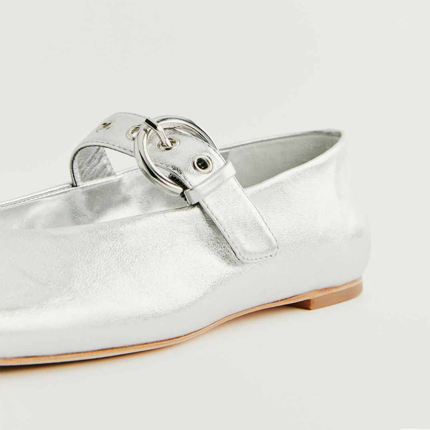 Metallic Silver Square-Toe Classic Buckle Bridge Strap Ballet Flats
