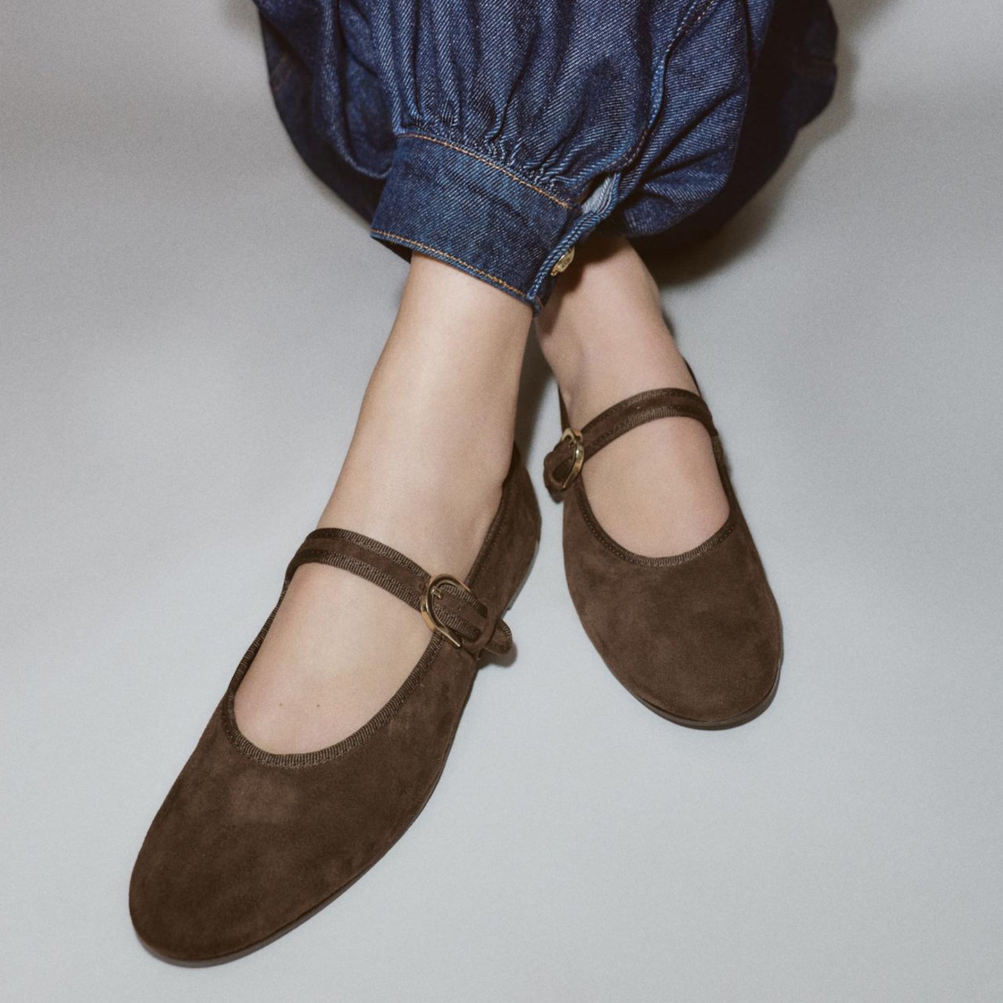 Brown Faux Suede Round-Toe Instep Buckle Closure Ballet Flats