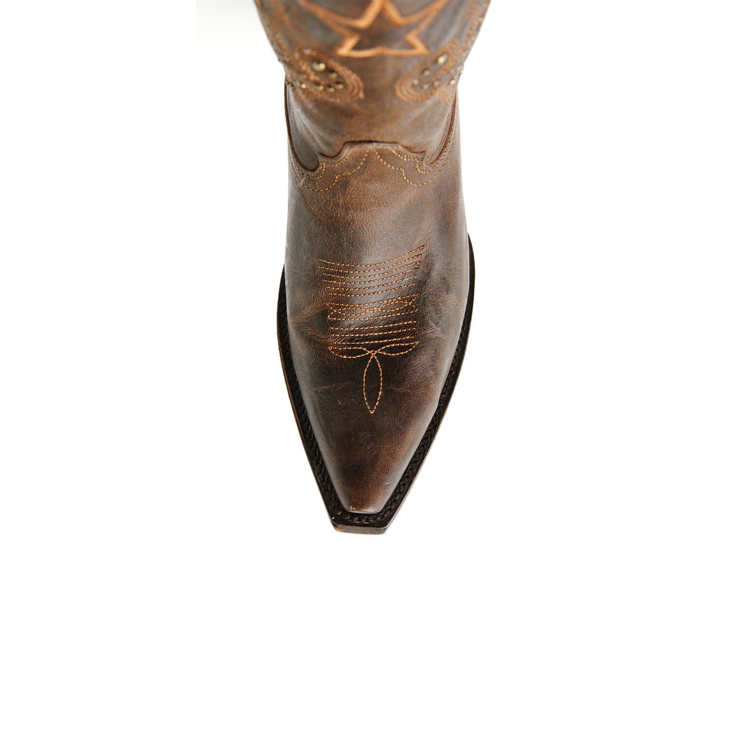 Distreseed Brown Snip-Toe Star Embroidery And Studs Mid Calf Cowgirl Boots