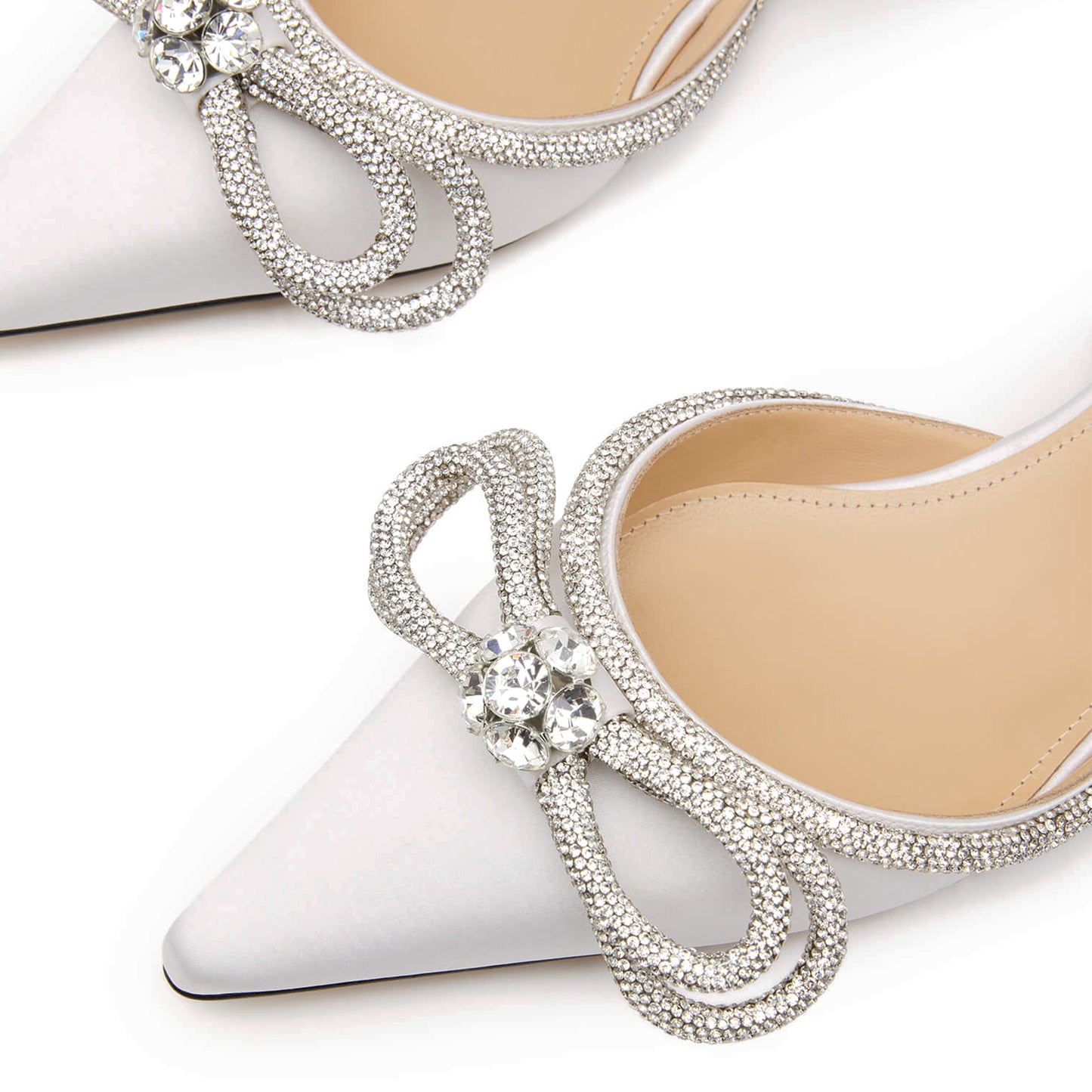 White Satin Pointed-Toe Glitter Double Bow With Rhinestones Ankle Strap Flats