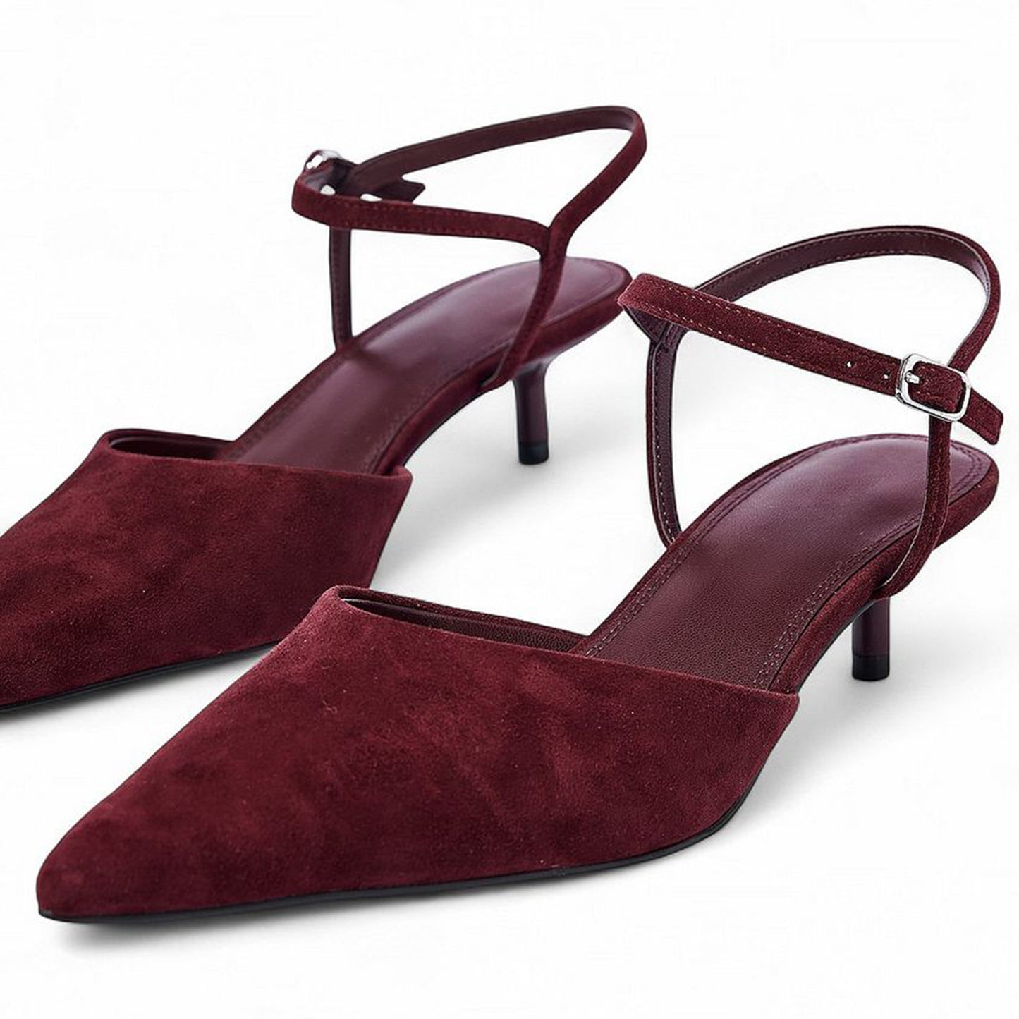 Burgundy Faux Suede Pointed-Toe Ankle Strap Kitten Heels Pumps