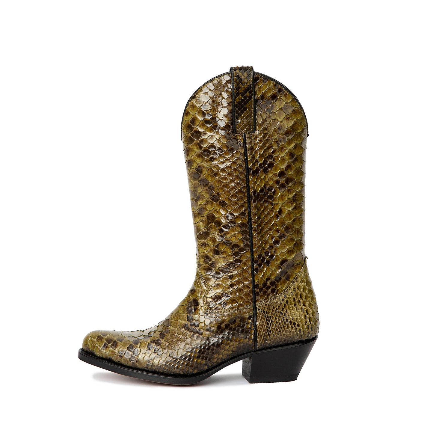 Brass Snakeskin Print Round-Toe Stars Inlays Mid Calf Cowgirl Boots