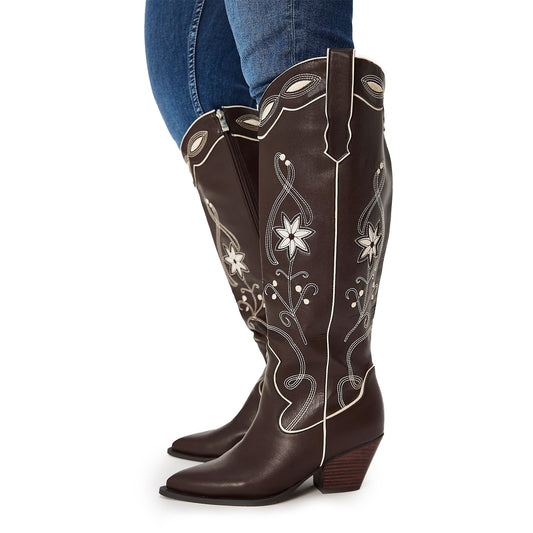 Chocolate Pointed-Toe Ivory Embroidery Flower Inlay Full-Zip Knee High Cowgirl Boots