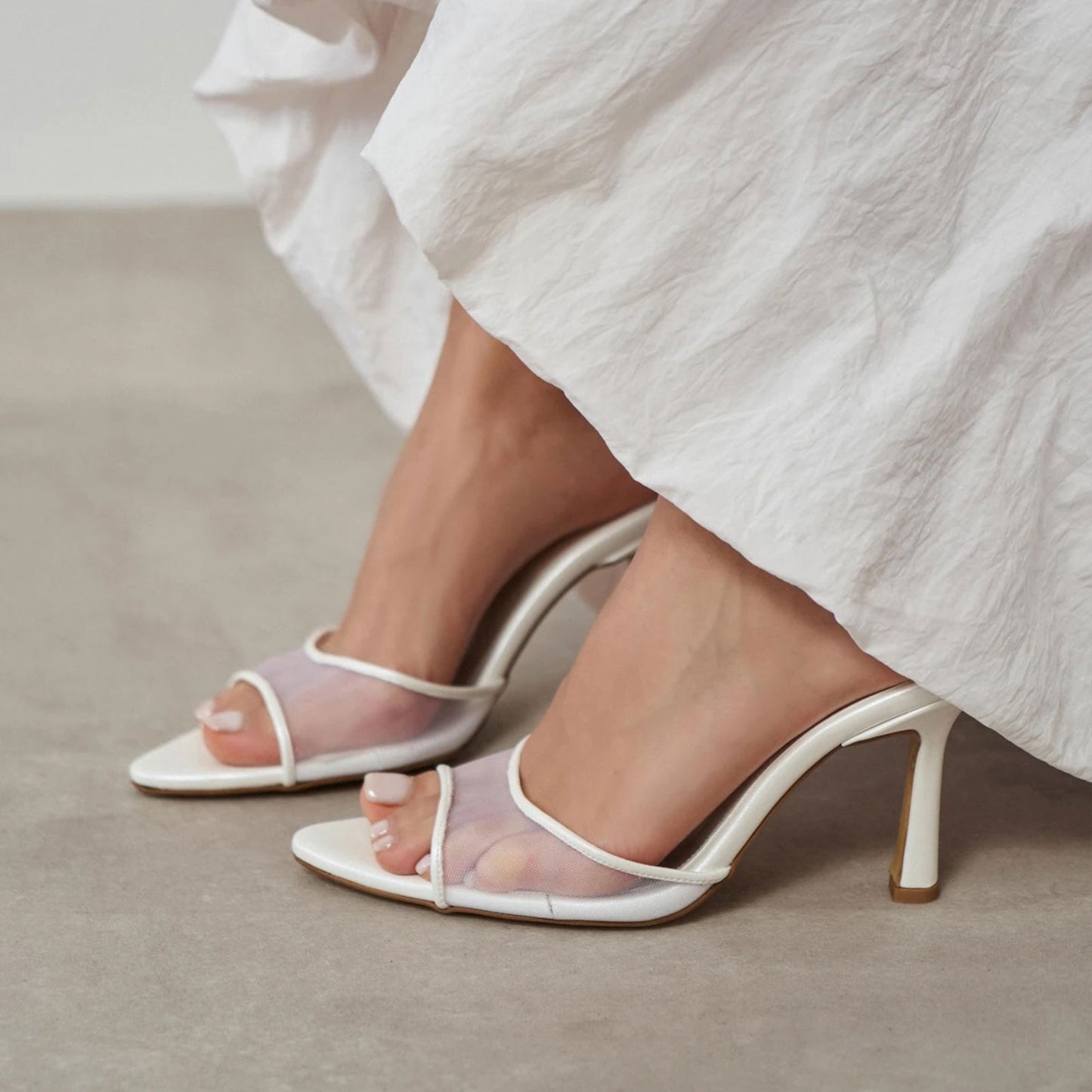 White Mesh And Vegan Leather Pointed-Toe Backless Classic High Heels