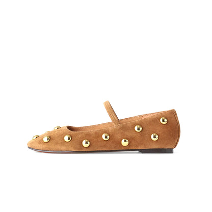 Tan Faux Suede Square-Toe Bridge Strap Studded Slip-On Flats