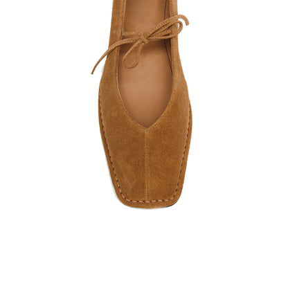 Tan Faux Suede Square-Toe V-Cut Vamps Bridge Self-Tie Bow Ballet Flats