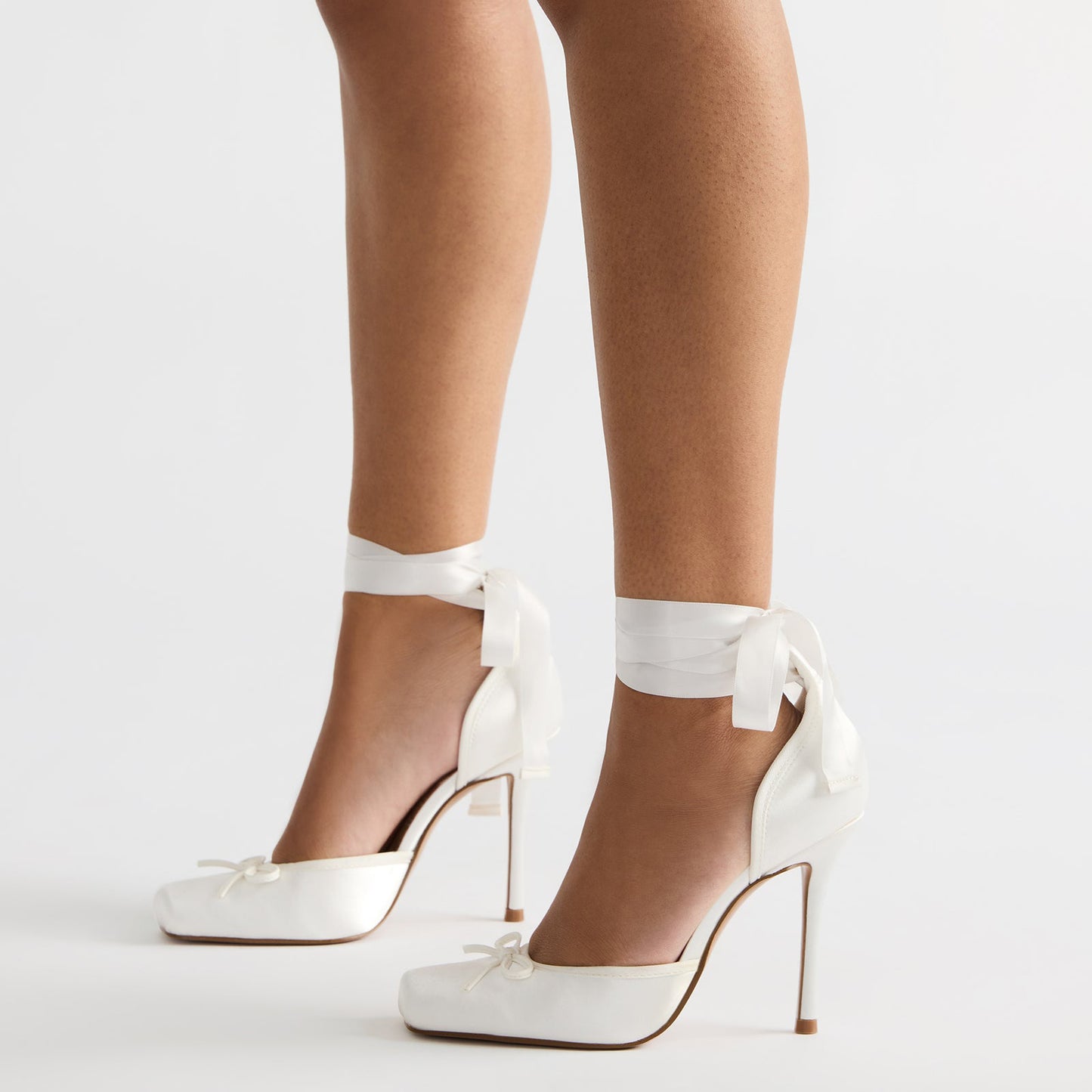 Ivory Satin Square-Toe Front Bow Ankle Strap Slip-On High Heels