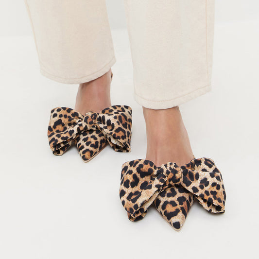 Leopard Satin Pointed-Toe Front Big Bow High Heels