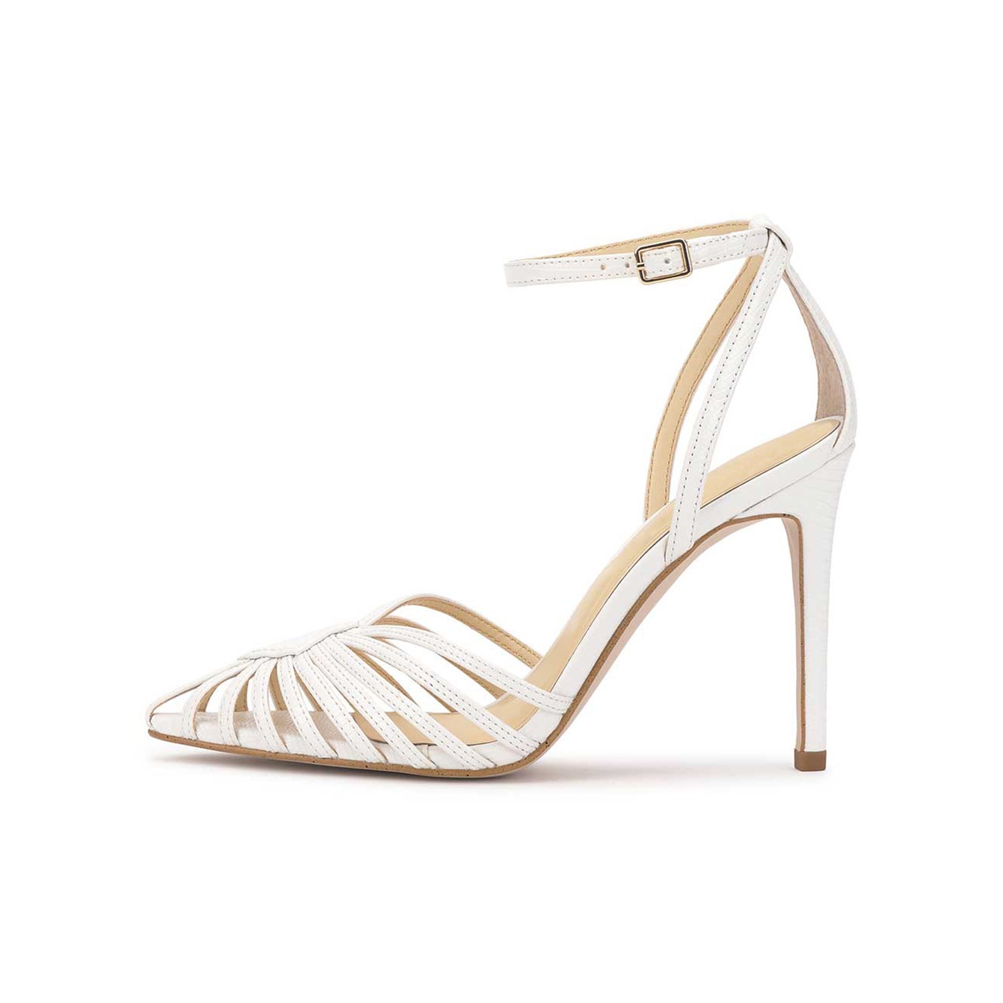 White Crocodile Print Pointed-Toe Front Strappy Ankle Strap Pumps High Heels
