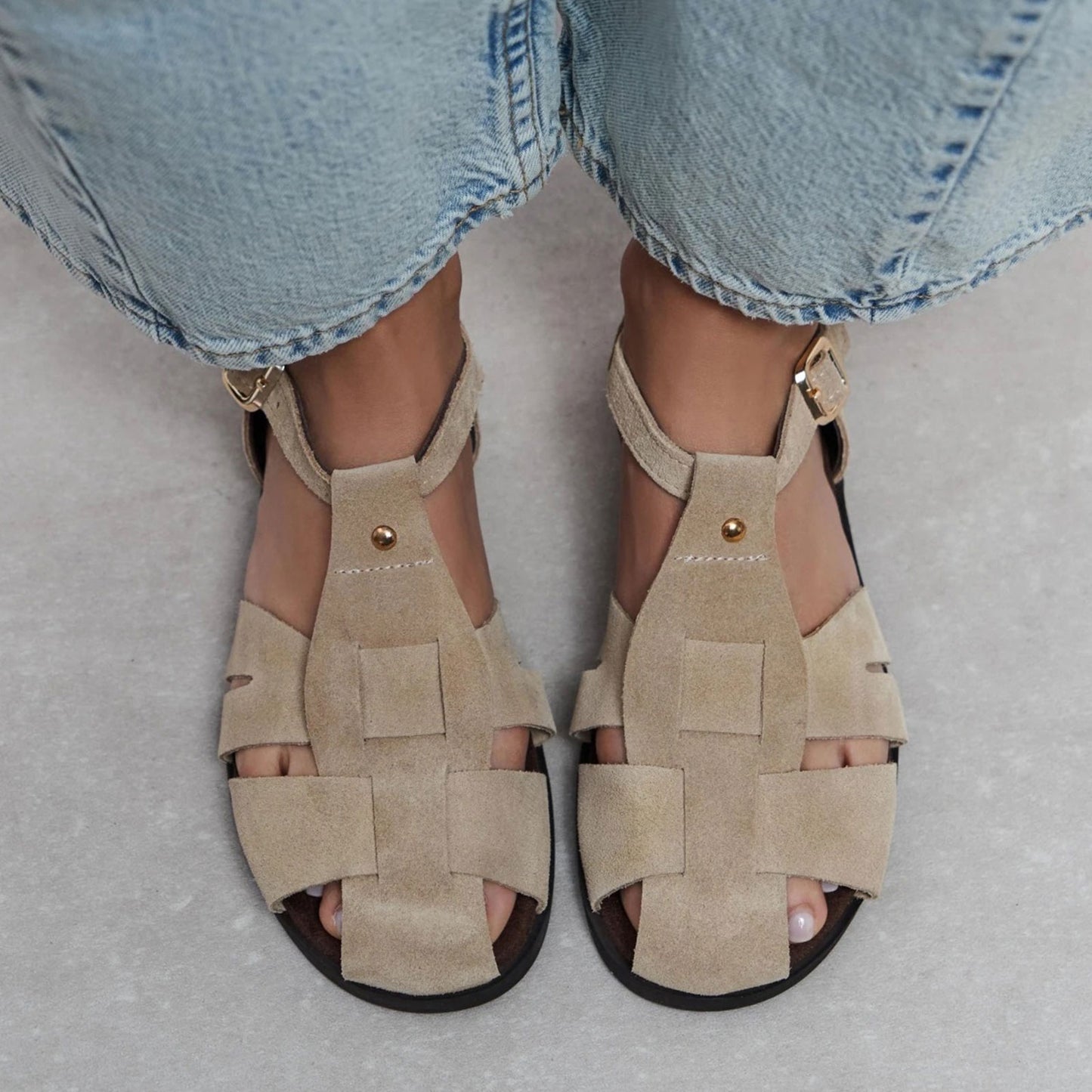 Beige Cow Suede Round-Toe Caged Detail Buckle Sandals Flats