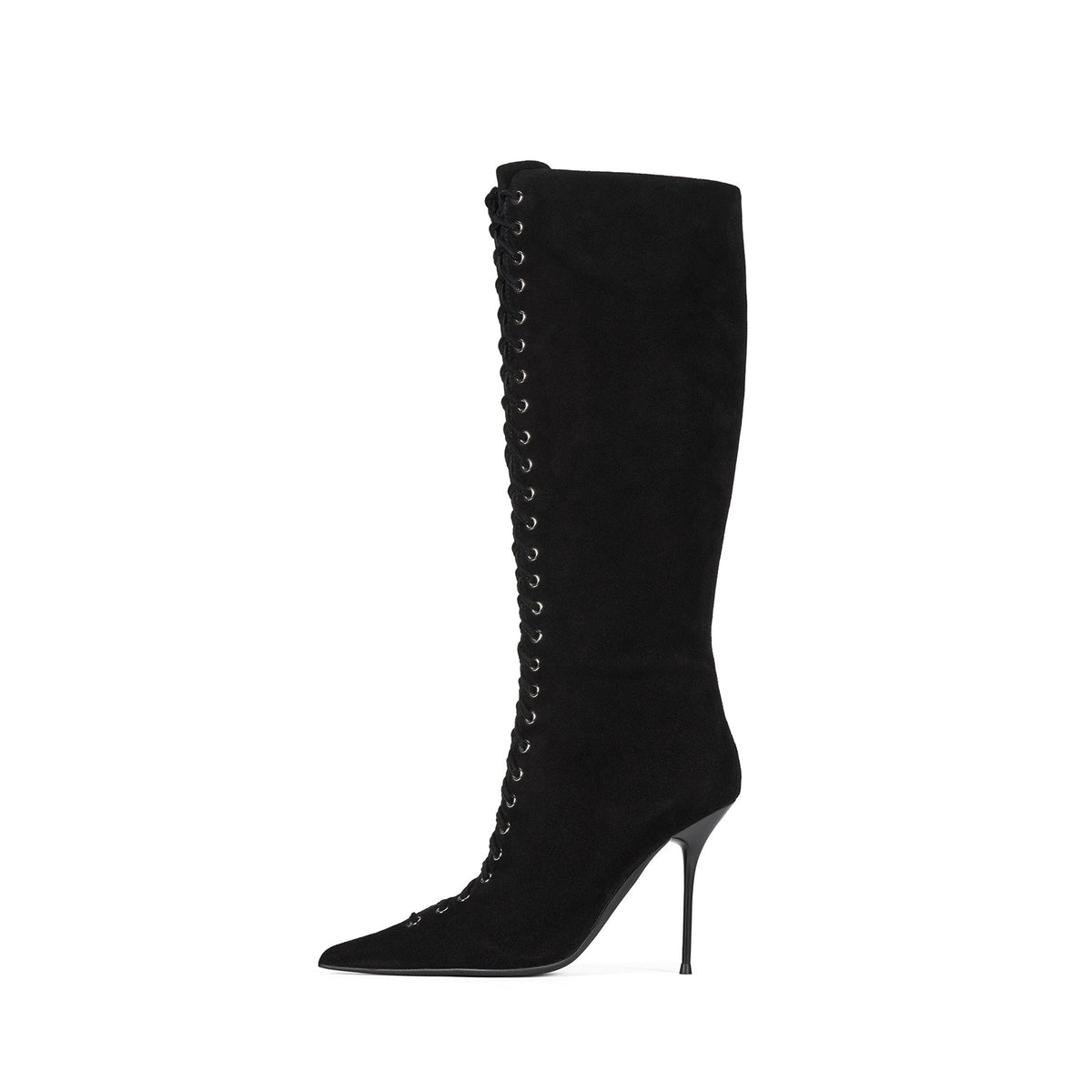 Black Faux Suede Pointed-Toe Front Lace-Up Half-Zip Chic Knee High Stiletto Boots