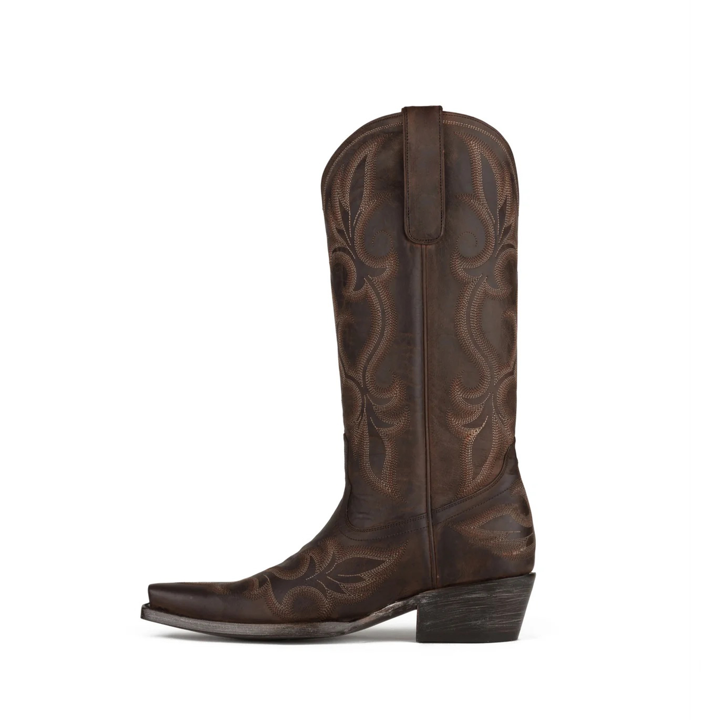 Distressed Chocolate Snip-Toe Western Embroidery Classic Mid Calf Cowgirl Boots