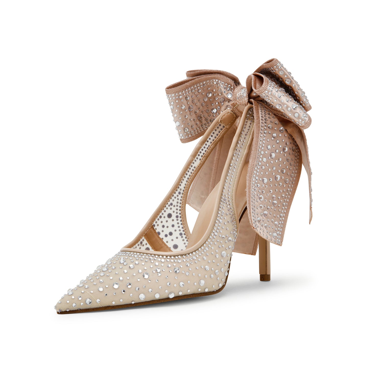 Champagne Mesh Pointed-Toe Crystals Slip-On High Heels Pumps With Big Back Bow