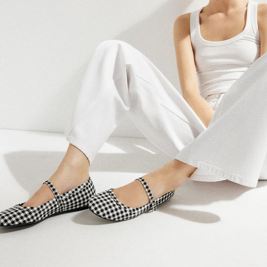 Plaids Round-Toe Buckle Mary Jane Ballet Flats