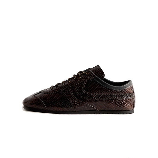 Dark Brown Snakeskin Print Vegan Leather Square-Toe Lace-Up Sneakers Flats