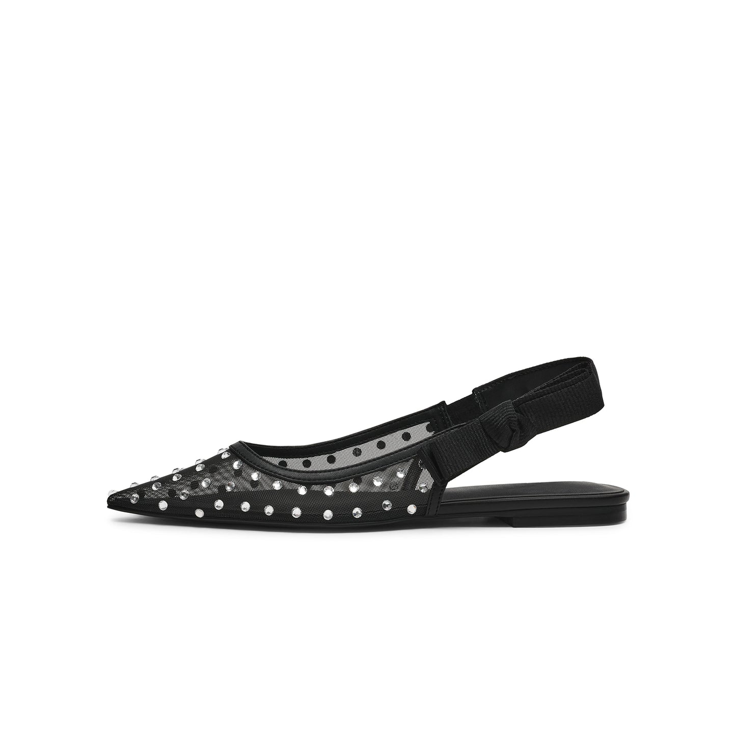 Black Mesh Pointed-Toe Rhinestones And Slingback With Bow Flats