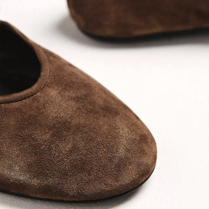 Brown Faux Suede Round-Toe Bridge Strap Ballet Flats