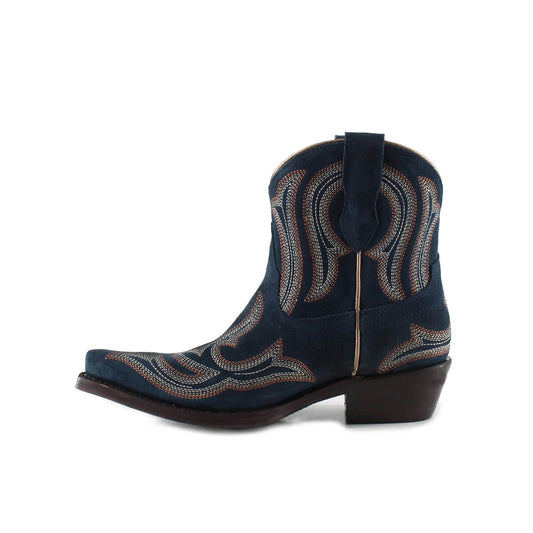 Dark Blue Faux Suede Snip-Toe Embroidery Ankle Cowgirl Boots