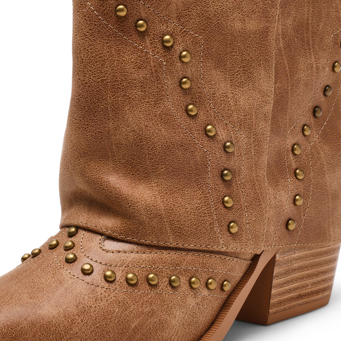 Cognac Pointed-Toe Studded Fold-Over Wide Calf Knee High Cowgirl Boots