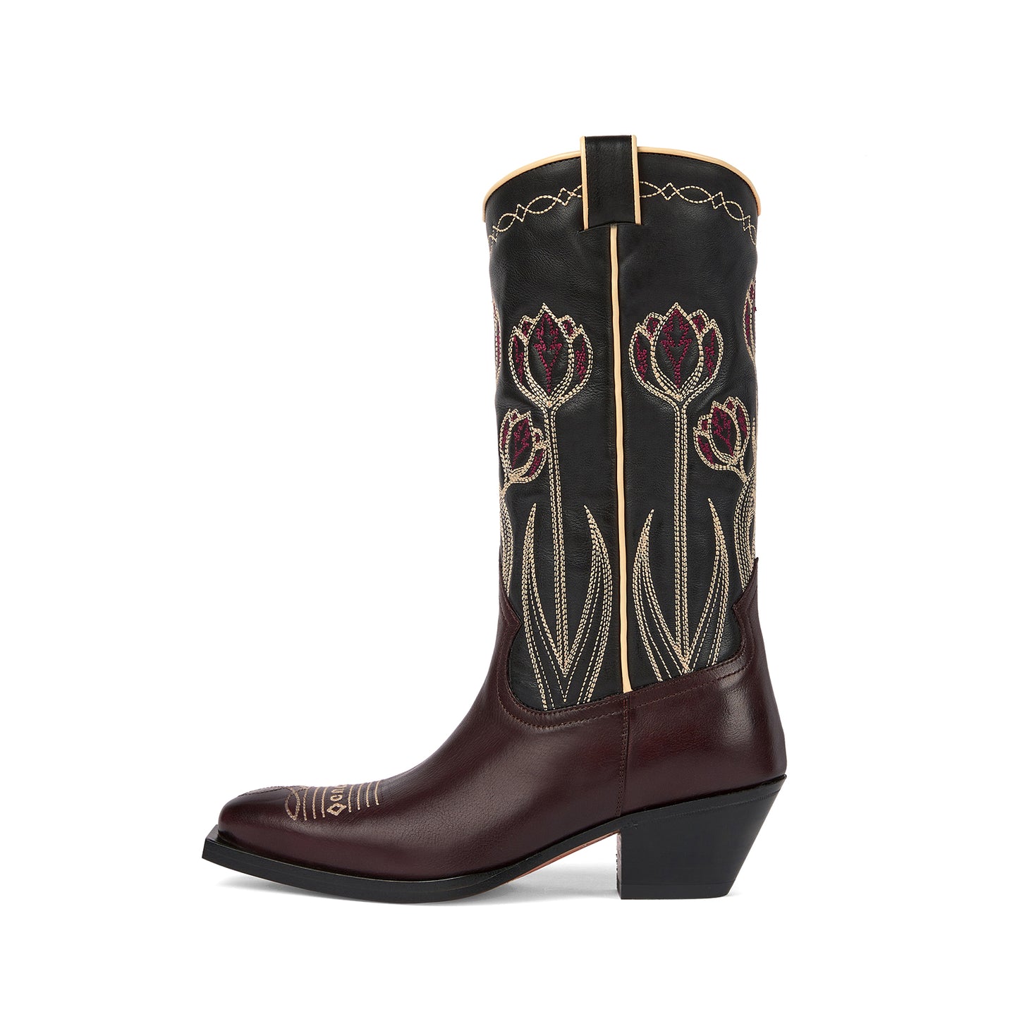 Black Snip-Toe Tulips Embroidery Mid Calf Cowgirl Boots