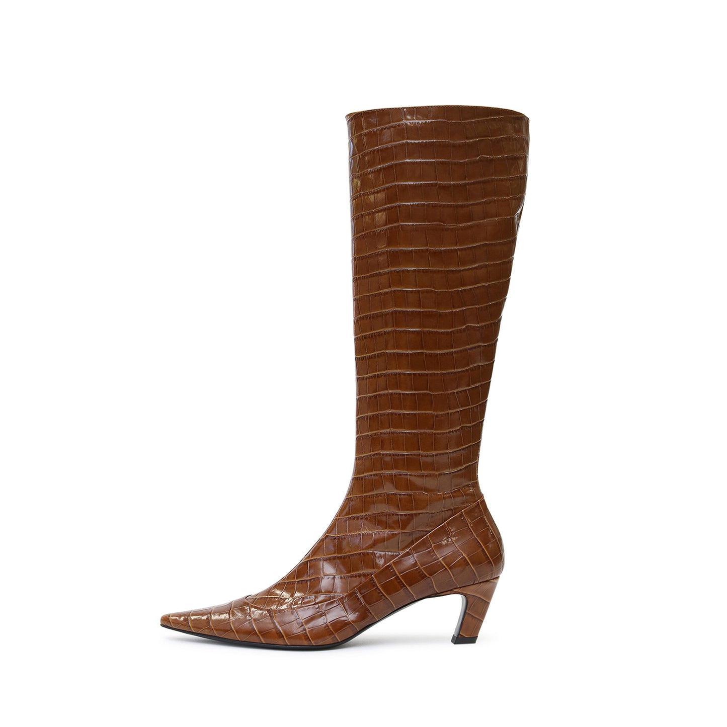 Brown Crocodile Pattern Pointed-Toe Side Full-Zip Knee High Stiletto Boots