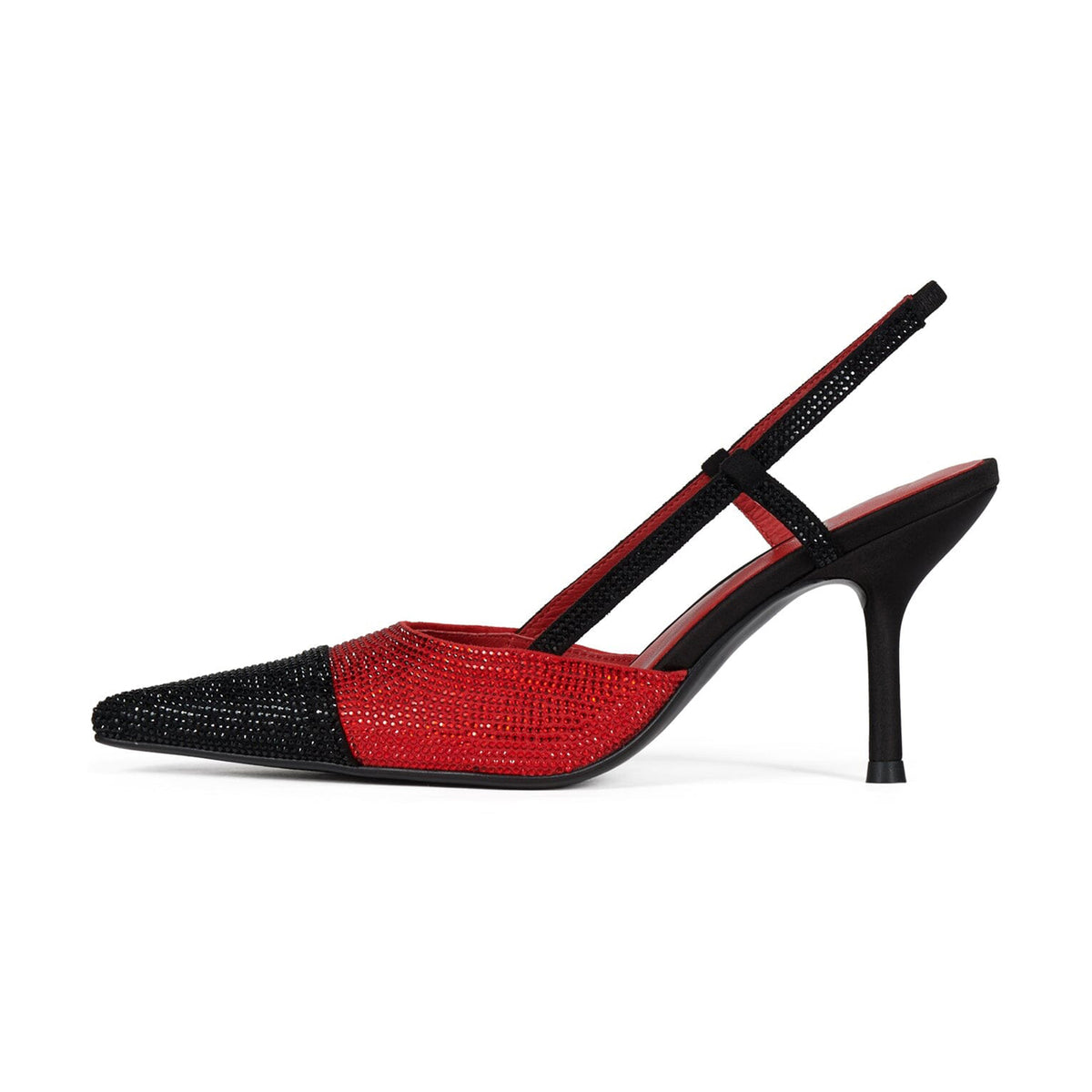 Red And Black Faux Suede Pointed-Toe Back Strap High Heels
